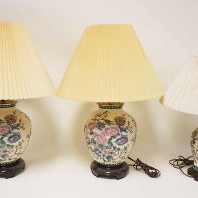 1036	LOT OF ASIAN STYLE TABLE LAMPS, MATCHED PAIR & A SINGLE, TALLEST IS APPROXIMATELY 27 IN HIGH
