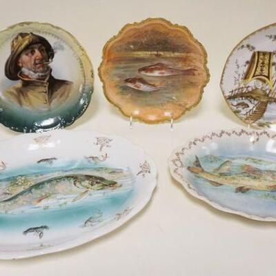 1002	LOT OF 5 FISH & SEA CAPTAIN PLATTERS & PLATES, BUFFALO & LIMOGES W/ONE PLATE HAND PAINTED & SIGNED, LARGEST PLATTER IS APPROXIMATELY...