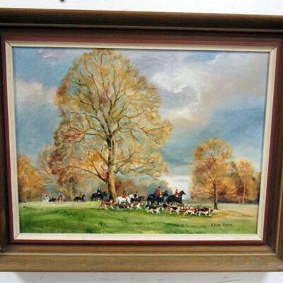 1107	OIL PAINTING ON CANVAS, HUNT SCENE, SIGNED ELSIE RYAN. OVERALL APPROXIMATELY 18 IN X 22 IN
