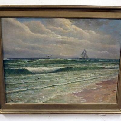 1106	OIL PAINTING ON BOARD, SHORE SCENE, SIGNED AND DATED 1938. APPROXIMATELY 28 1/4 IN X 22 1/2 IN
