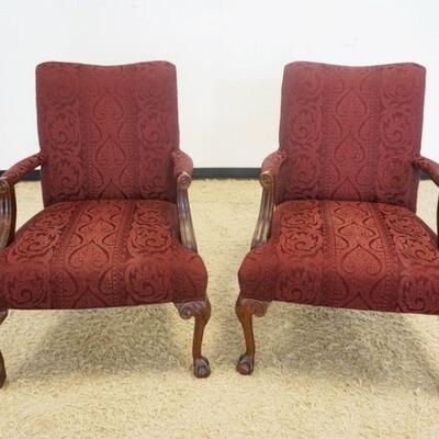 1150	PAIR OF UPHOLSTERED PARKER SOUTHERN ARM CHAIRS, SOME STAINING ON ARMS
