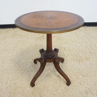 1203	ROUND INLAID LAMP TABLE W/METAL BANDING TRIM ON OUTER EDGE, APPROXIMATELY 24 IN DIAMETER X 27 IN HIGH

