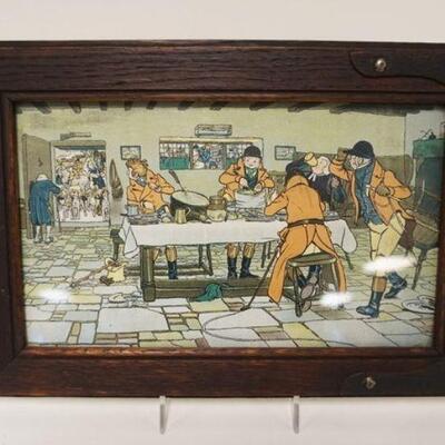 1009	*BREAKFAST AT THE THREE PIGEONS*, SIGNED CECIL ALDEN PRINT AS SHOWN IN THE BOOK OF BUFFALO POTTERY BY SEYMOUR ALTMAN IN AN OAK FRAME...