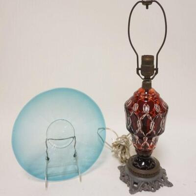 1270	LOT INCLUDING BLUE HAND BLOWN ARTIST SIGNED 10 1/2 IN PLATE AND RUBY CUT TO CLEAR 19 1/2 IN TABLE LAMP
