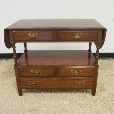 1143	SOLID BLACK CHERRY ETHAN ALLEN 5 DRAWER DROP LEAF SERVER, APPROXIMATELY 18 IN X 37 IN X 32 IN HIGH, OPENED 57 IN
