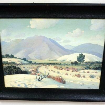 1124	OIL PAINTING ON BOARD, SOUTHWESTERN DESERT SCENE, SIGNED W. PERRY *53*. OVERALL APPROXIMATELY 31 IN X 40 IN
