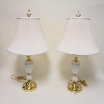 1233	PAIR OF PORCELAIN TABLE LAMPS W/BRASS BASES & COLLARS, APPROXIMATELY 31 IN  HIGH
