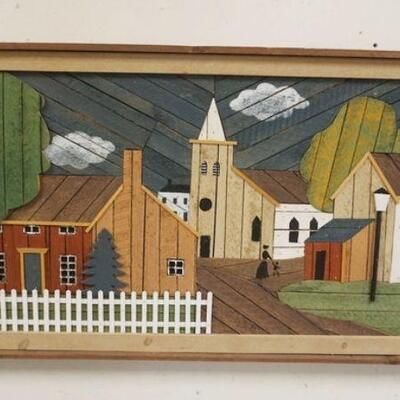 1050	LARGE FOLK ART WOOD CUT SCENE OF TOWN, ARTIST SIGNED, APPROXIMATELY 25 1/2 IN X 49 IN
