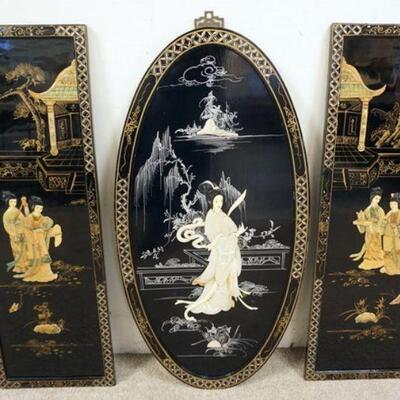 1099	3 BLACK LAQUERED ASIAN HANGING PANELS WITH APPLIED CARVED STONE AND MOTHER OF PEARL FIGURES. SQUARE PANELS APPROXIMATELY 36 IN X 12...