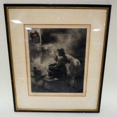 1113	ARTIST SIGNED AND NUMBERED PRINT. NUDE WOMAN BATHING WITH A DEMON FIGURE PEERING THROUGH DOORWAY, APPROXIMATELY 16 IN X 19 IN OVERALL
