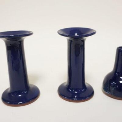 1028	WELL FLEET POTTERY 3 PIECE LOT, COLBALT CANDLESTICKS & VASE, TALLEST IS APPROXIMATELY 4 3/4 IN HIGH
