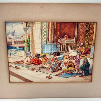 1119	WATER COLOR OF ARABS LOUNGING, SIGNED J. E. HAHN 1934. OVERALL APPROXIMATELY 20 IN X 16 IN
