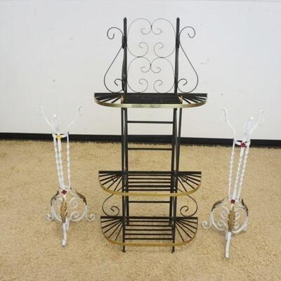 1204	LOT SMALL BAKERS RACK & 2 WROUGHT IRON STANDS, RACK IS APPROXIMATELY 31 IN X 13 IN X 60 IN HIGH
