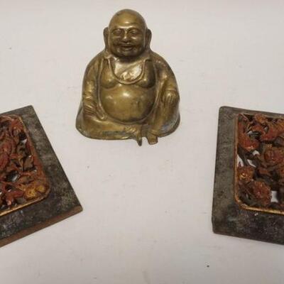 1269	ASIAN LOT INCLUDING BRONZE BUDDHA AND 2 SMALL CARVED PANELS, PANELS APPROXIMATELY 7 1/2 IN X 4 3/4 IN
