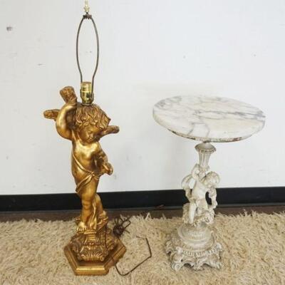 1210	LOT CHERUB LAMP & CHERUB CAST METAL MARBLE TOP TABLE, TABLE APPROXIMATELY 14 IN X 23 IN HIGH
