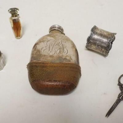 1282	GROUP OF ASSORTED SILVER  PLATE INCLUDING HIP FLASK, NAPKIN RING, STERLING TOP COVERED JAM, PERFUME AND SISSORS
