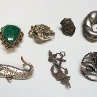 1262	LOT OF 8 STERLING SILVER PINS AND BROOCH PINS, WATCH BROOCH PIN IS MISSING BAC. 2.53 TOZ INCLUDING STONES
