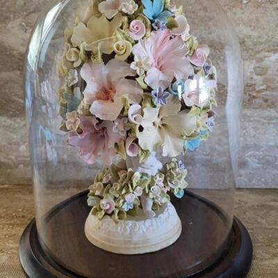 Porcelain Flower Arrangement in Glass Dome Display