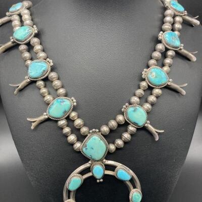 925 Silver & Turquoise Squash Blossom Necklace