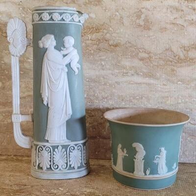 Wedgwood Green Jasperware Pitcher & Vase