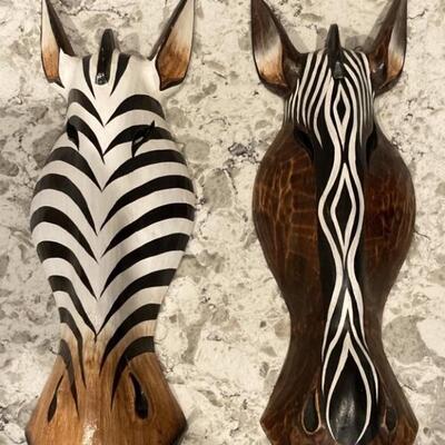 (2) Whimsical Folk Art: Wood Zebra Head Wall Decor