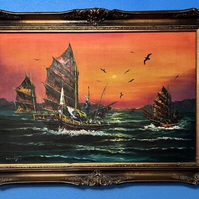 Painting of Chinese Junk Ship in Gilt Gold Frame