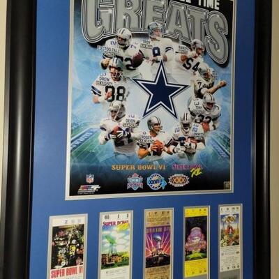Dallas Cowboys All-Time Greats, Framed commemorative collection. Features one ticket from each of the Cowboys' Superbowls and a poster...