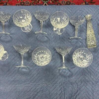 set of 12 crystal martini glasses, crystal bottle, crystal holders