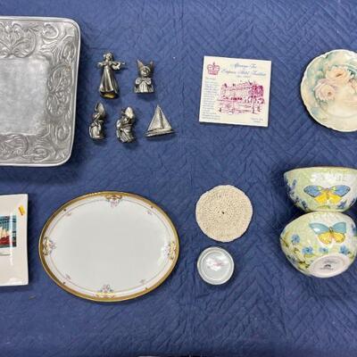 Silver platter and figurines, plates, bowls, ceramic tile hot pad