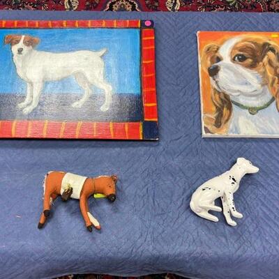 Dog art, dog glass figurine, toy stuffed dog 