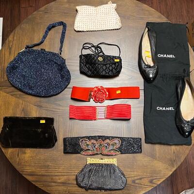 Chanel Shoes with covers, designer purses, handbags and belts.