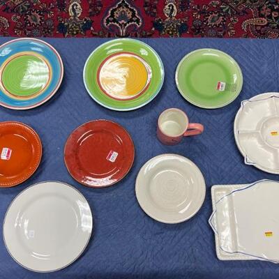 colorful plates, platters and mugs