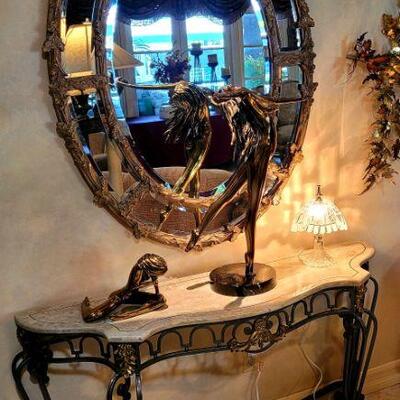 Great consile table featuring 2 rare Tom Bennett bronze sculptures 