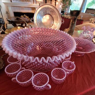Fostoria pink hobnail punch bowl set