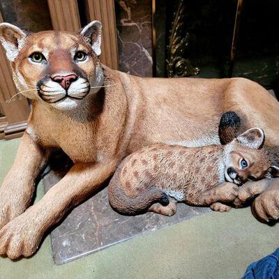 Large Cougar and cub sculpture