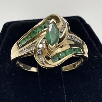 Emerald and 10K Gold Diamond Ring