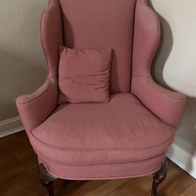 Vtg. Queen Anne Upholstered Wing Back Armchair 1/2