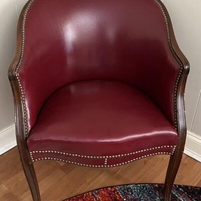 Antique Leather and Wood Armchair with Brass Stud