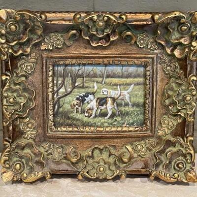 Framed Painting Of Hunting Dogs 13.5in W x 12in W