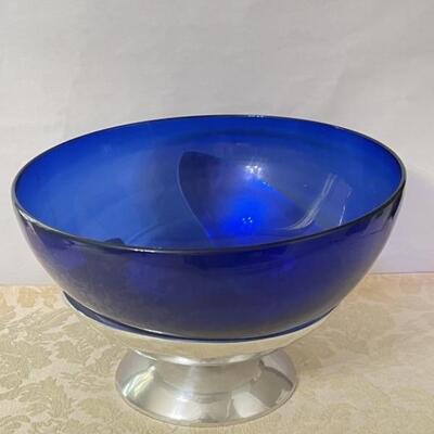 Cobalt Blue Glass Bowl on Modern Silver Toned Stand