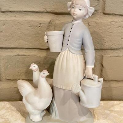 Porcelain Lladro Girl with Hens Figurine 9in T