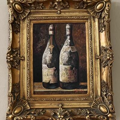 Ornately Framed Oil on Canvas of Wine Bottles