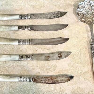 5- Antique English Butter Knives w/ Mother of Peal