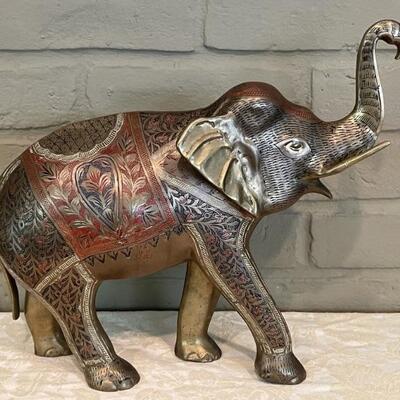 Vintage Etched Enameled Brass Elephant Sculpture