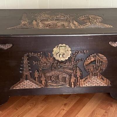 Hand Carved Vtg Asian Solid Wood Chest