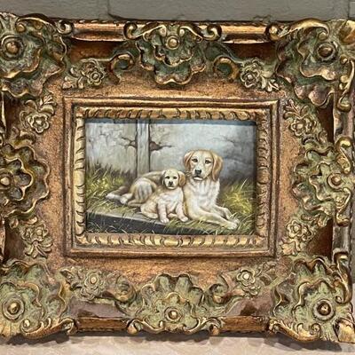Framed Painting Of Two Dogs 13.5in W x 12in W