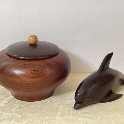 Carved Ironwood Dolphin and Hand Turned Lidded Wood Bowl
