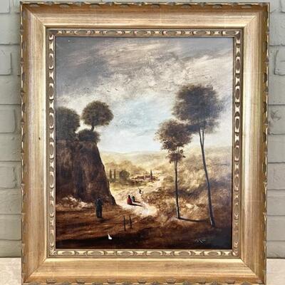 Vintage French Pastoral Oil Painting With Gilded