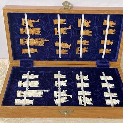 Intricately Carved Bone Chinese Chess Set in Wooden Case