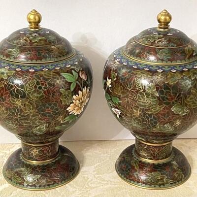 Pair of Asian Cloisonné Ginger Jars 7in T